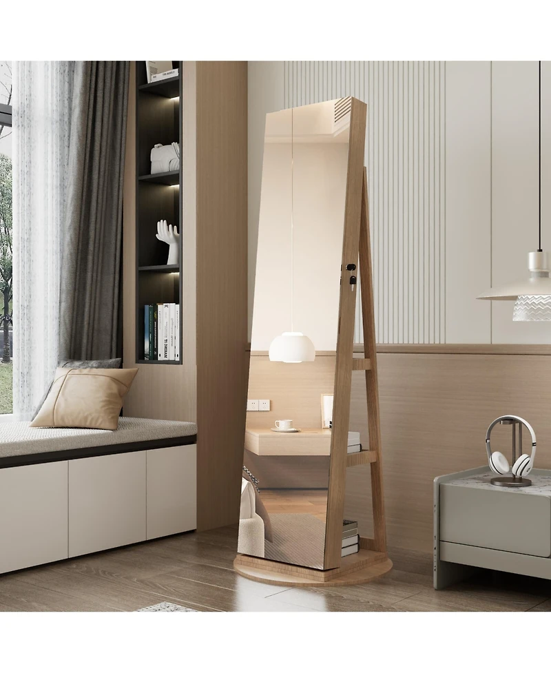 Rainsken 360°Swivel Jewelry Cabinet, Standing Jewelry Armoire Organizer, Lockable Storage Cabinet with Full Length Mirror, Display Shelves