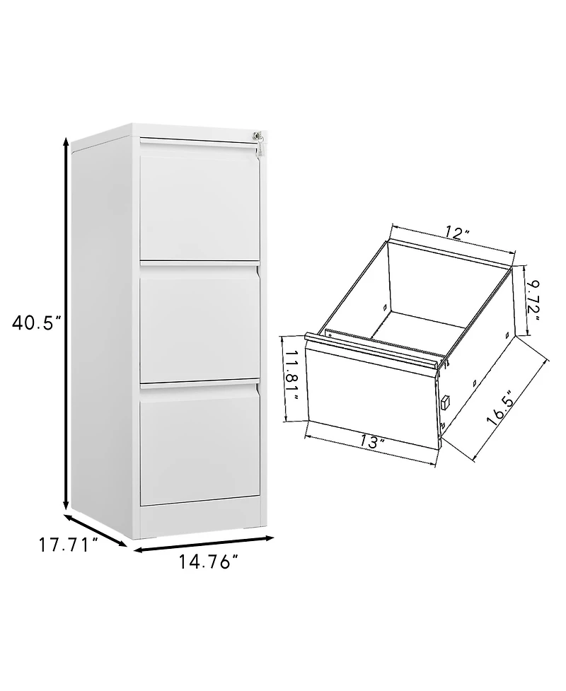 Rainsken 3 Drawer File Cabinet, Vertical Metal File Cabinet with Lock, Steel Storage Organizer for Letter/A4/Legal Size File