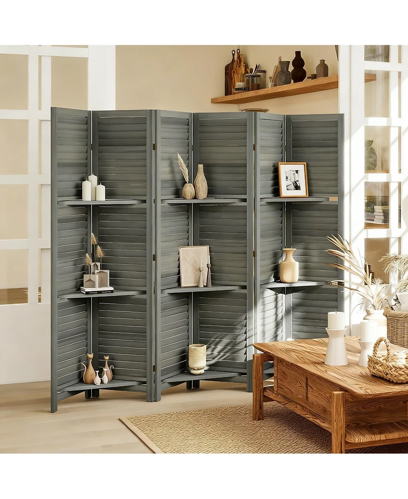 Yigii Wood Room Divider with Shelves and Folding Design