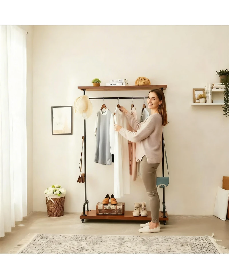 Yigii Industrial Pipe Clothes Rack with Wheels, 2-Tier, Heavy Duty