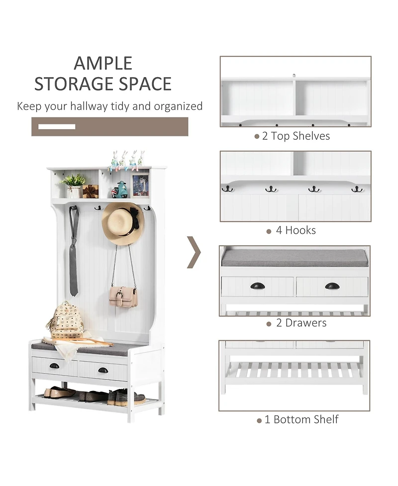 Homcom Coat Rack and Bench Hall Tree Organizer with 4 Hooks and 2 Drawer, White