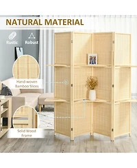 Homcom 6' Folding Privacy Screen Indoor Room Divider w/ 2 Open Display Shelves, Natural