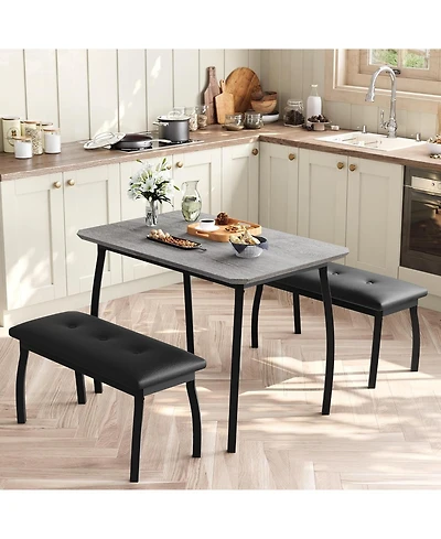 gaomon 3-Piece Retro Dining Set Space-Saving Table and 2 Upholstered Benches for 4 Chamfer Design Metal Frame Kitchen Furniture for Apartments Studios