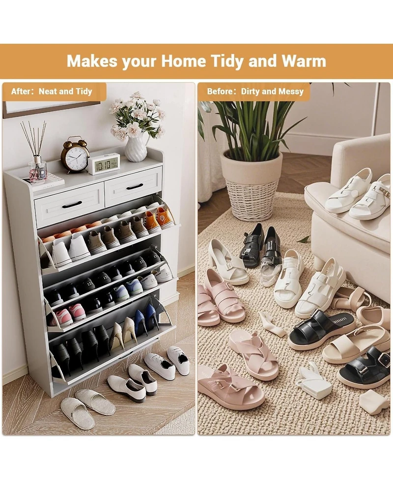 gaomon Narrow Entryway Wooden Shoe Cabinet, 2 Drawers + 3 Flip Drawers, Hidden Storage Design