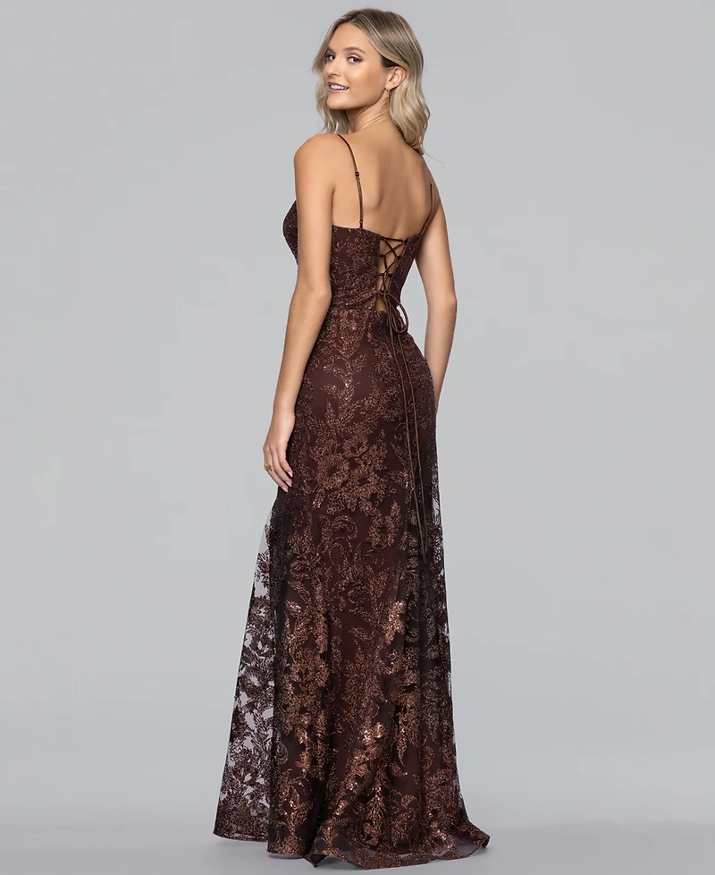 Blondie Nites Juniors' V-Neck Glitter Lace-Up Gown