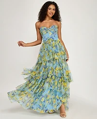 City Studios Women's Strapless Sweetheart Neck Floral Maxi Dress