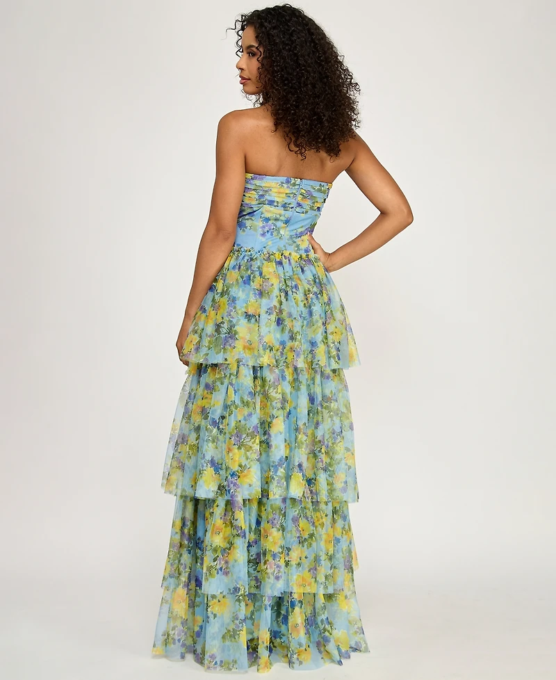 City Studios Women's Strapless Sweetheart Neck Floral Maxi Dress
