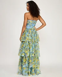 City Studios Women's Strapless Sweetheart Neck Floral Maxi Dress