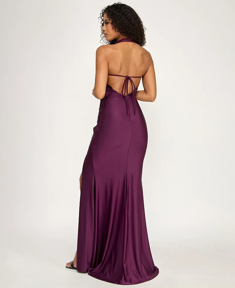 City Studios Women's Halter Neck Ruched Satin Maxi Dress