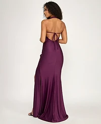 City Studios Women's Halter Neck Ruched Satin Maxi Dress