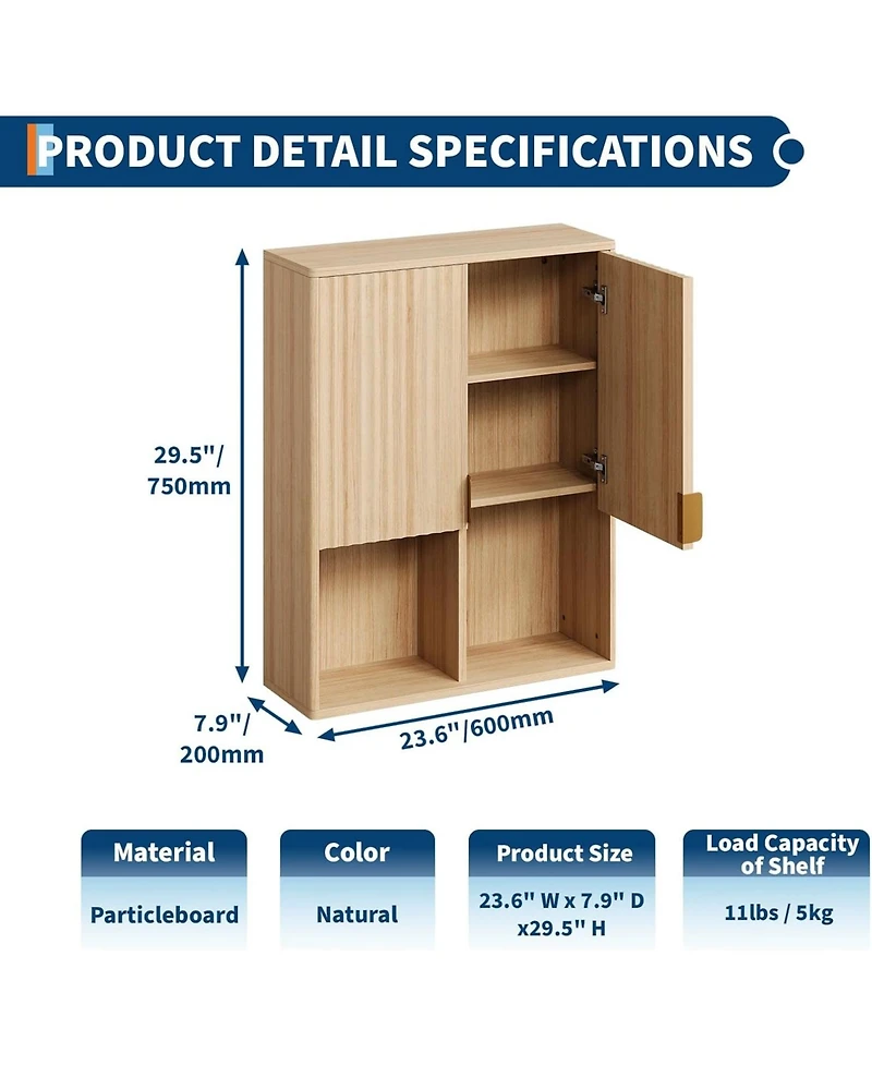 gaomon Fluted Wooden Bathroom Wall Cabinet, 23"x29", Over Toilet Storage, Adjustable Shelf, Soft-Close Hinges