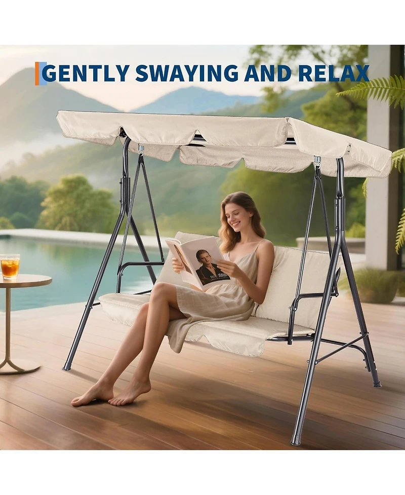 gaomon 3-Seat Patio Swing Chair with Adjustable Canopy and Thick Waterproof Cushions, Outdoor Steel Frame Porch Swing for Garden, Lawn, Backyard