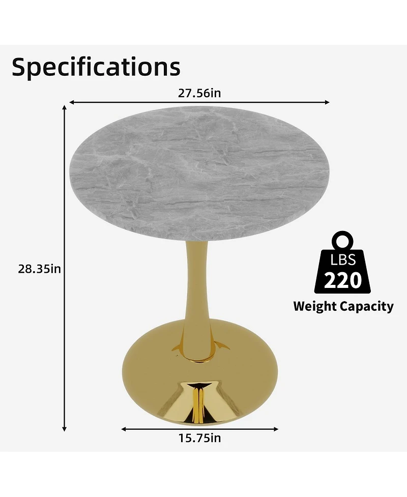 Streamdale Furniture Gold 27.6" Mid-Century Modern Coffee/Dining Table with Round Marble Top.