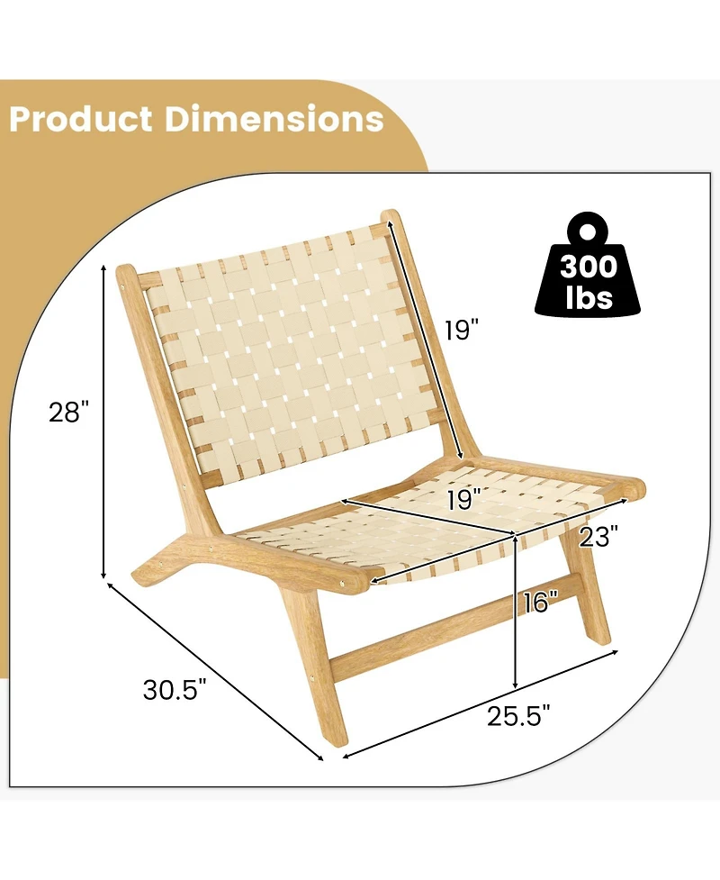 Gymax Teak Wood Patio Chair w/Webbing Seat & Backrest Mid-century Accent Chair