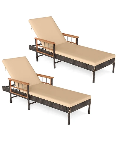 Gymax Set of 2 Patio Rattan Chaise Lounge Outdoor Reclining Lounger Chair w/ Wood Armrests