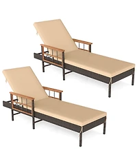Gymax Set of 2 Patio Rattan Chaise Lounge Outdoor Reclining Lounger Chair w/ Wood Armrests