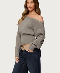 Edikted Women's Carmela Iridescent Button Off Shoulder Sweater