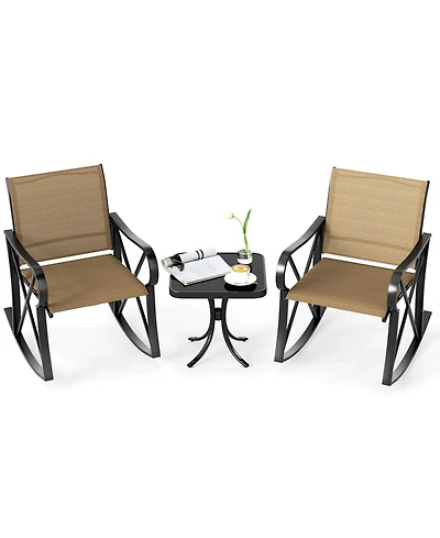 Gymax 3 Piece Patio Rocking Set 2 Chairs w/ Tempered Glass Side Table