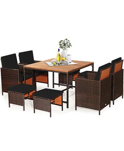 Gymax Set Of 9 Patio Rattan Dining Set Cushioned Chairs Ottoman Wood Table Top