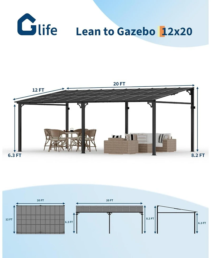 gaomon 12x20 Wall-Mounted Hardtop Gazebo, Uv-Resistant Polycarbonate Roof, Reinforced Aluminum Pergola for Patio & Deck