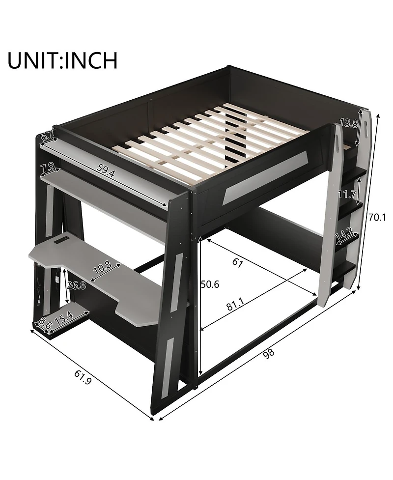 Streamdale Furniture Queen Size Wooden Gaming Bunk Bed with Desk, Usb & Led