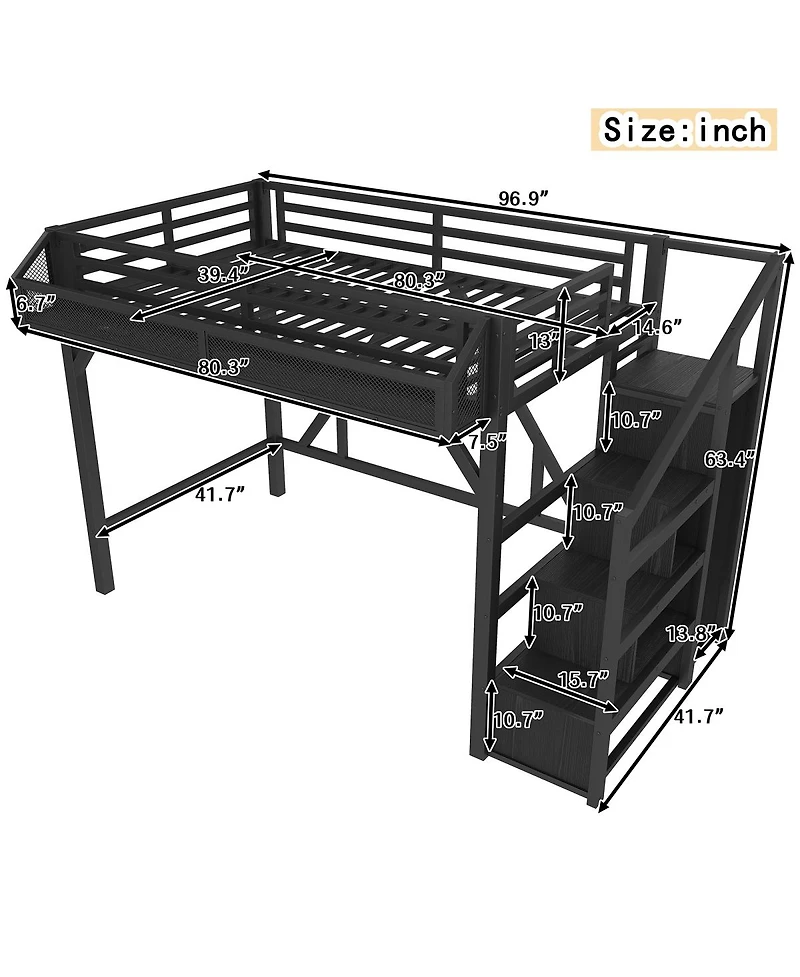 Streamdale Furniture Twin Xl Loft Bed with Storage Stairs, Shelves, Wardrobe, Usb & Led Lights
