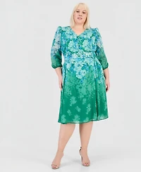 Tahari Asl Plus Printed Long-Sleeve Belted Dress