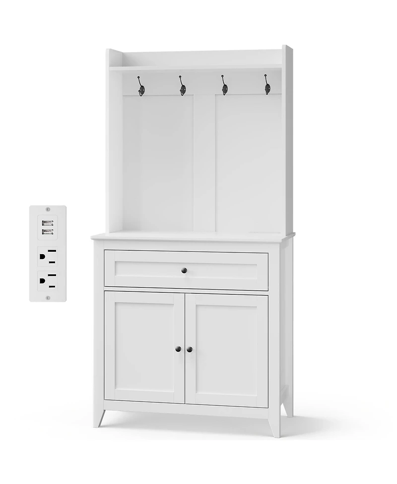 gaomon Kitchen Pantry Storage Cabinet with Outlet,with Microwave Shelf & 4 Hooks, Door Shelves & Drawer