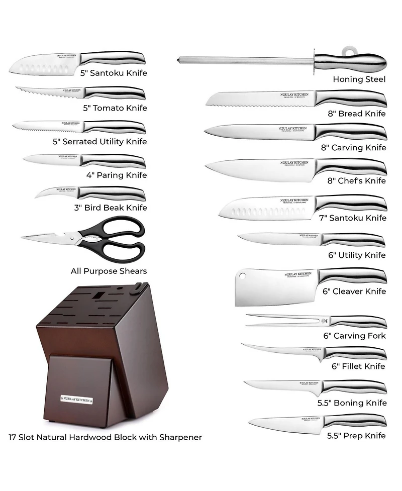 Zulay Kitchen 18 Piece Stainless Steel Knife Set with Block and Sharpener