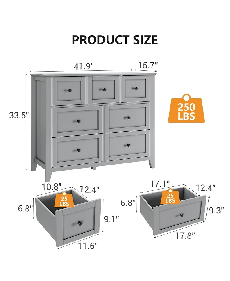 gaomon Dresser with 7 Deep Drawers for Bedroom, Farmhouse Wood Storage Chest with Gold Handles