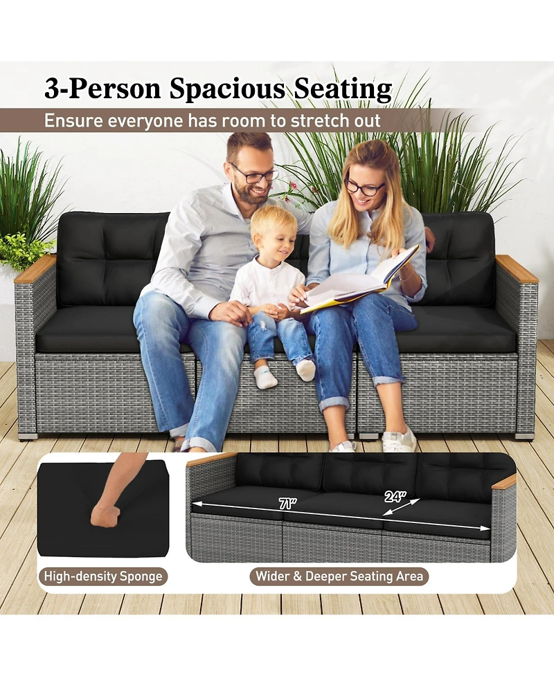 Gymax 3-Seat Patio Pe Rattan Wicker Couch Sofa w/ Deep Seating & Cushion for Porch Outdoor