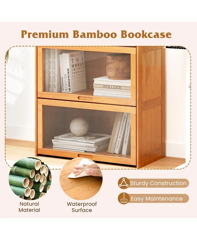 Sugift 4-Tier Bamboo Bookcase with Doors for Study Room Living Room
