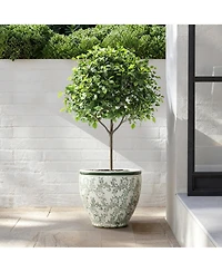 LuxenHome Green Paisley Ceramic Planter, 15.55" Round, Indoor & Outdoor Flower Pot