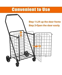 Rainsken Folding Shopping Cart, Grocery Cart with 360° Swivel Wheels, Open Door for Groceries and Laundry