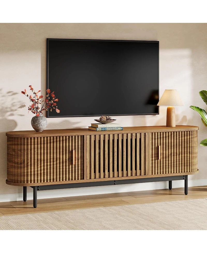 Tribesigns 70" Tv Stand for Tvs up to 80", Wood TV Console with Metal Legs & Sliding Doors, Entertainment Center, Walnut