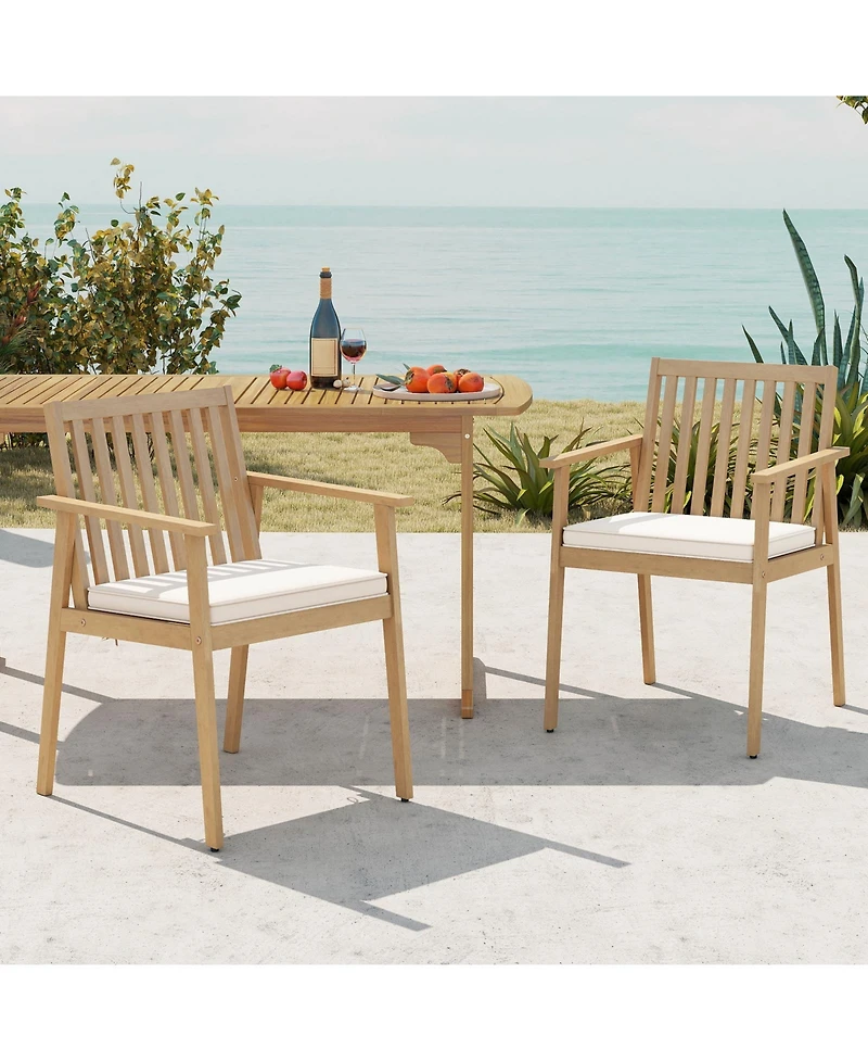 Gymax 2 Pcs Patio Dining Chairs w/ Removable Padded Cushion Armrests & Teak Oil Finish