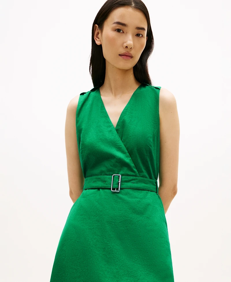 Tommy Hilfiger Women's Linen Belted V-Neck Wrap Dress