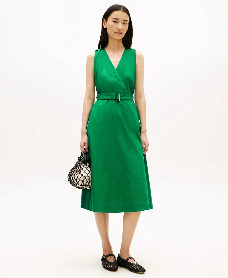 Tommy Hilfiger Women's Linen Belted V-Neck Wrap Dress