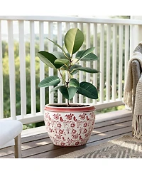 LuxenHome Red Floral Ceramic Planter, 12.2" Round, Indoor & Outdoor Garden Pot