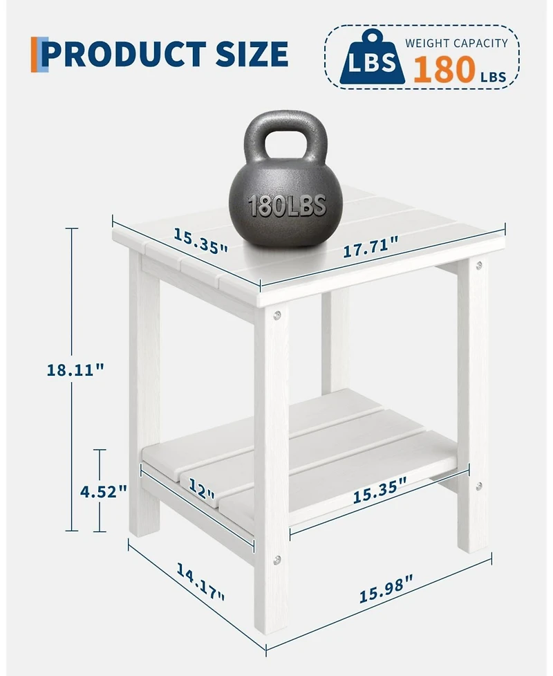 Outdoor Side Table 2-Tier, 18 in Hdpe All Weather Resistant Patio Side Tables for Outside, End Table for Patio Pool Deck Indoor Backyard