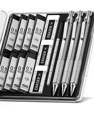 Htutwoo Metal Mechanical Pencil Set - 3PCS Artist Lead Pencil 0.5 & 0.7 & 0.9mm with 8 Tubes Hb Lead Refills, 3 Erasers for Writing, Drawing