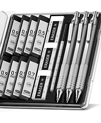 Htutwoo Metal Mechanical Pencil Set - 3PCS Artist Lead Pencil 0.5 & 0.7 & 0.9mm with 8 Tubes Hb Lead Refills, 3 Erasers for Writing, Drawing