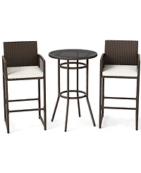 Gymax 3 Piece Wicker Patio Bar Set w/ 2 Seat Cushions Glass Tabletop for Backyard
