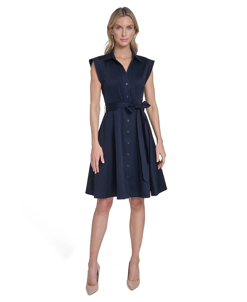 Calvin Klein Women's Belted Button-Front Collared Fit-and-Flare Dress