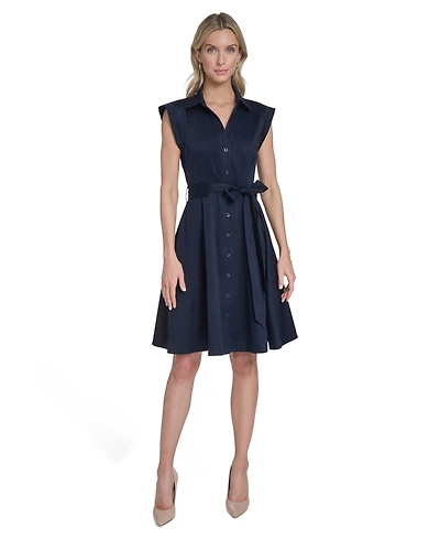Calvin Klein Women's Belted Button-Front Collared Fit-and-Flare Dress