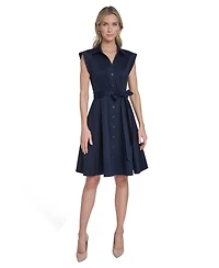 Calvin Klein Women's Belted Button-Front Collared Fit-and-Flare Dress