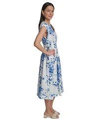 Calvin Klein Women's Floral Smocked V-Neck A-Line Midi Dress