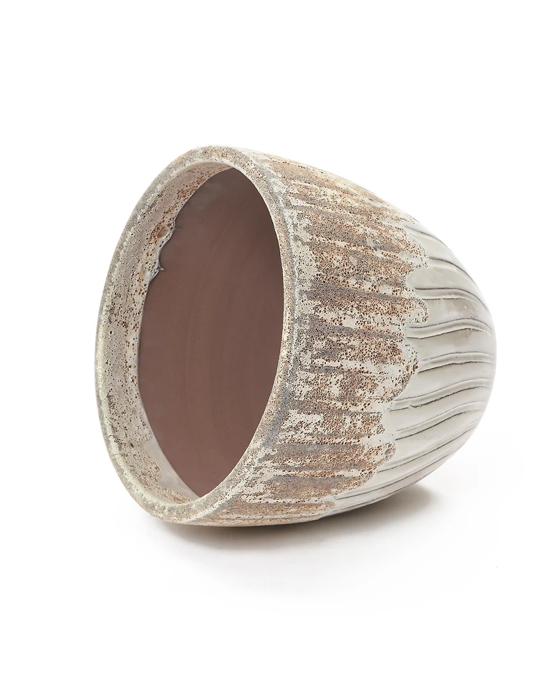 LuxenHome Boho Earth Ceramic Planter, 12” Tall Round Pot with Vertical Grooves & Artisan Texture