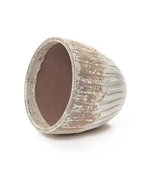 LuxenHome Boho Earth Ceramic Planter, 12” Tall Round Pot with Vertical Grooves & Artisan Texture