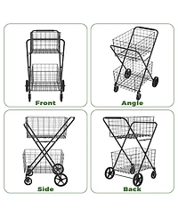 Rainsken 2 Layers Grocery Cart on Wheels, Extra Jumbo Foldable Shopping Cart with 2 Removable Baskets and Waterproof Liner for Camping